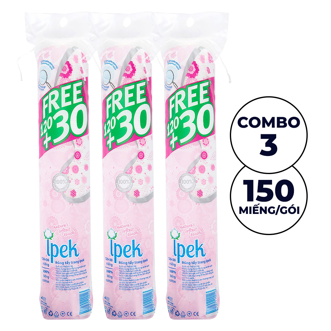 Combo 3 bông tẩy trang ipek 150 miếng cotton pads