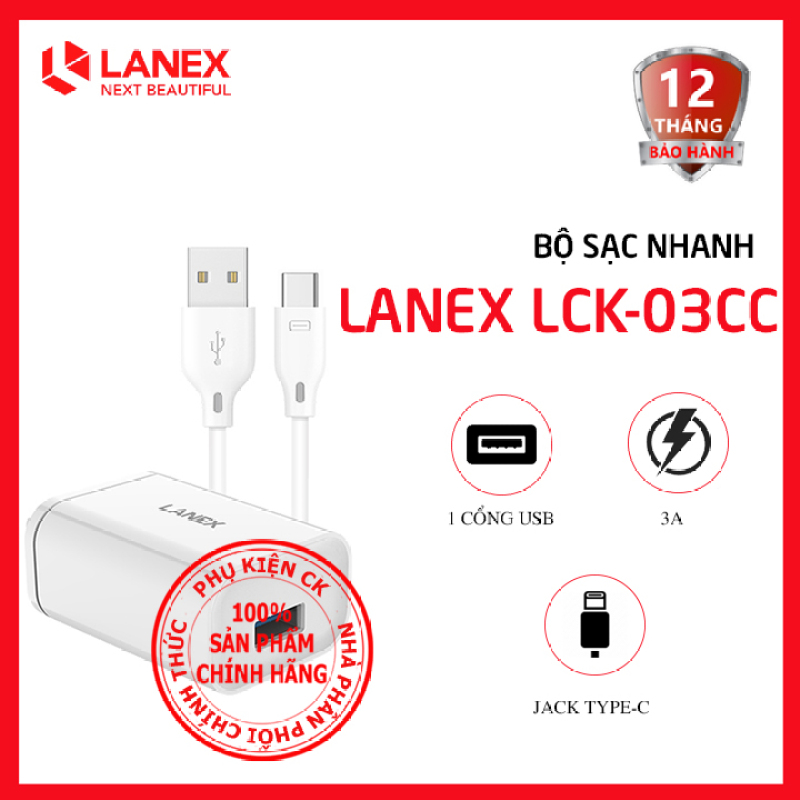 [QC 3.0] Bộ sạc nhanh Type-C 1 cổng USB 3.0A Lanex LCK-03CC dài 1m - Dành cho điện thoại Android