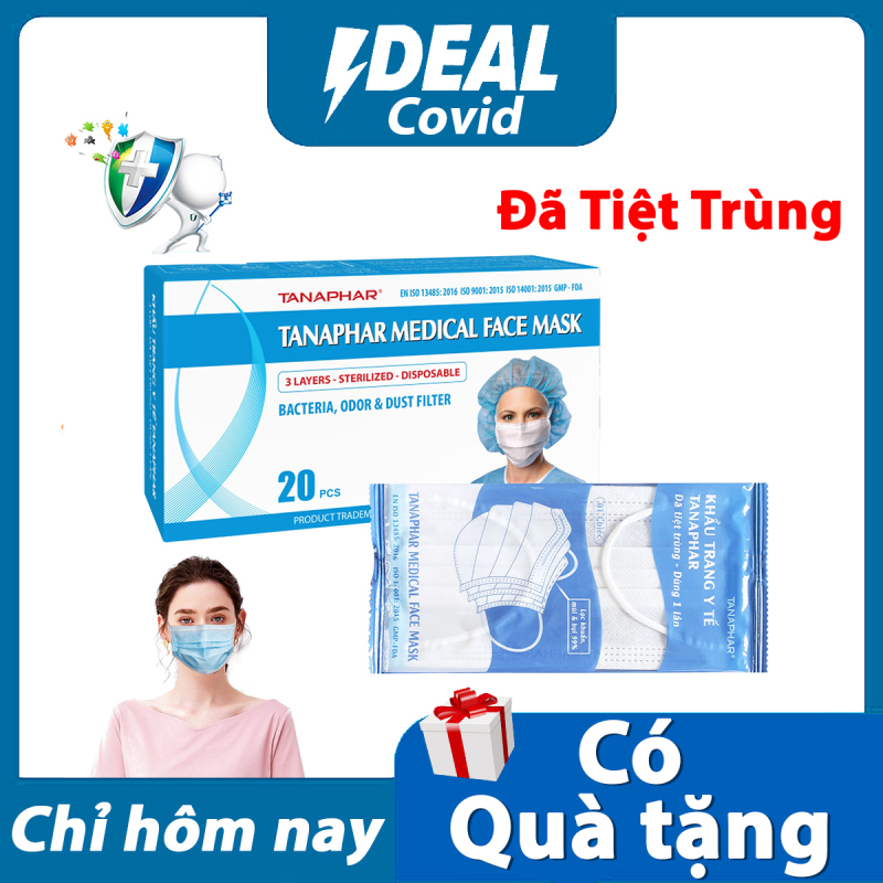 Khẩu trang y tế 3 Lớp Tanaphar Hộp 20 cái màu xanh đã tiệt trùng với lớp vải kháng khuẩn, chống bụi, Thanh tựa mũi và quai đeo dễ định hình, chắc chắn, vừa vặn, không ảnh hưởng tầm nhìn và khí thở khi sử dụng