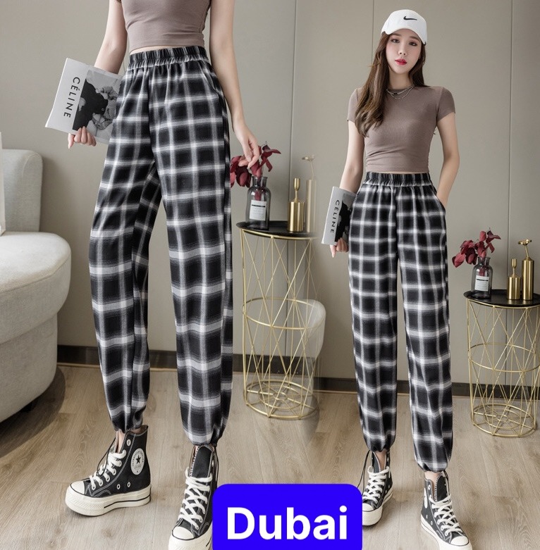 QUẦN JOGGER KẺ SỌC CARO TRẮNG ĐEN RÚT DÂY THỂ THAO ỐNG RỘNG SUÔNG SIÊU HOT NHẬT BẢN NEW - DUBAI FASHION