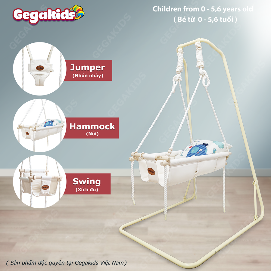 GEGAKIDS( 3 in 1 ) - [ MÃ GGK-L-CC-C01 ] - COMBO [ Nôi + Nhún Nhảy + Xích Đu ] - Khung L Cao Cấp kiểu dáng CHÂU ÂU