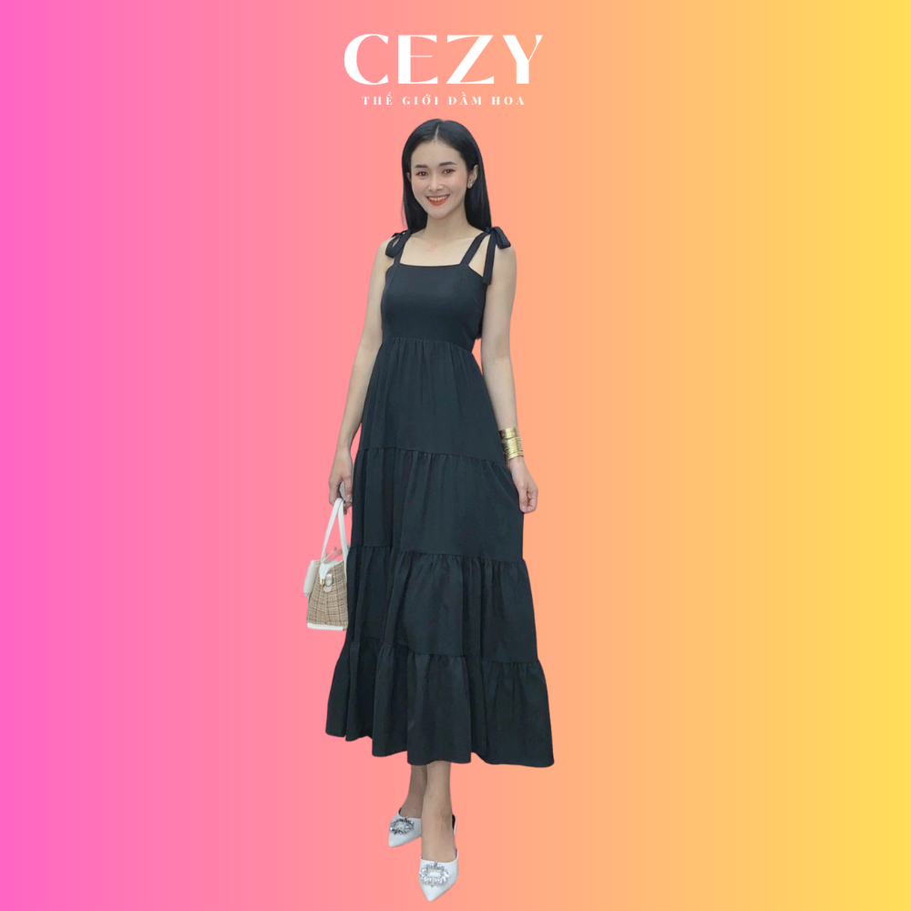 Đầm maxi 2 dây đi biển đẹp dáng xòe dài có dây thắt eo có size bigsize Cezy D129