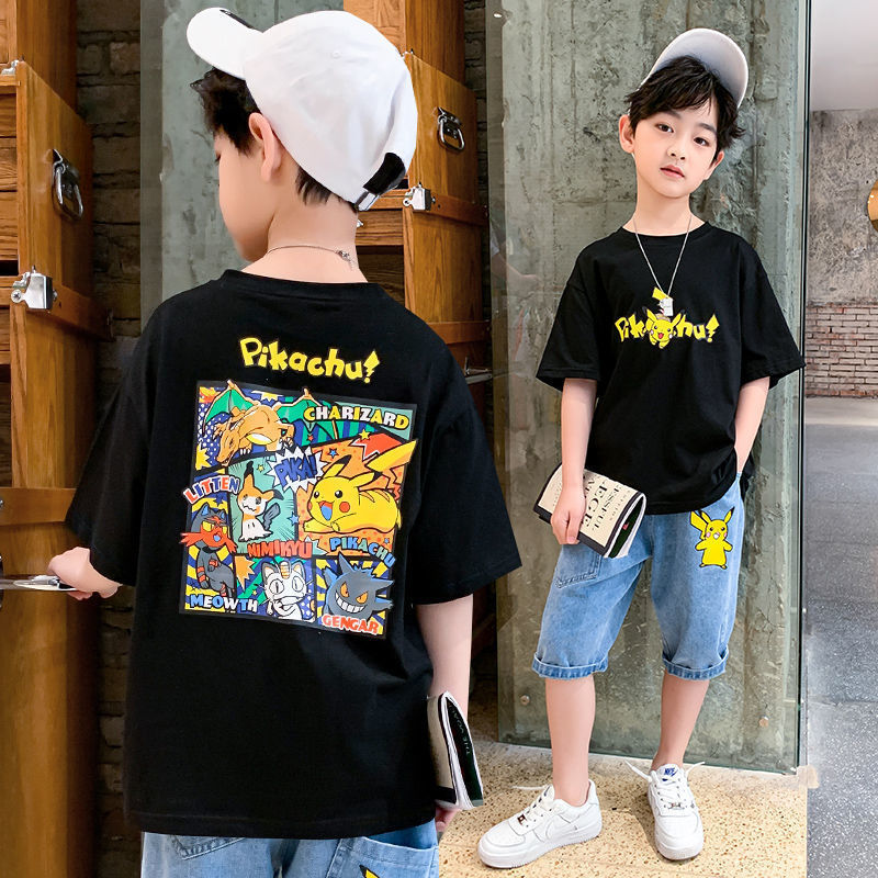 LANBAO áo thun bé trai 40kg Bé trai Áo phông tay ngắn Áo phông trẻ em Áo phông cotton Quần áo trẻ em áo thun bé trai áo thun bé trai size đại