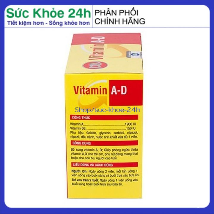 Vitamin A D Gold hỗ trợ giảm nguy cơ khô mắt, quáng gà và còi xương, trẻ em chậm lớn , người cao tuổi loãng xương hộp 100 viên