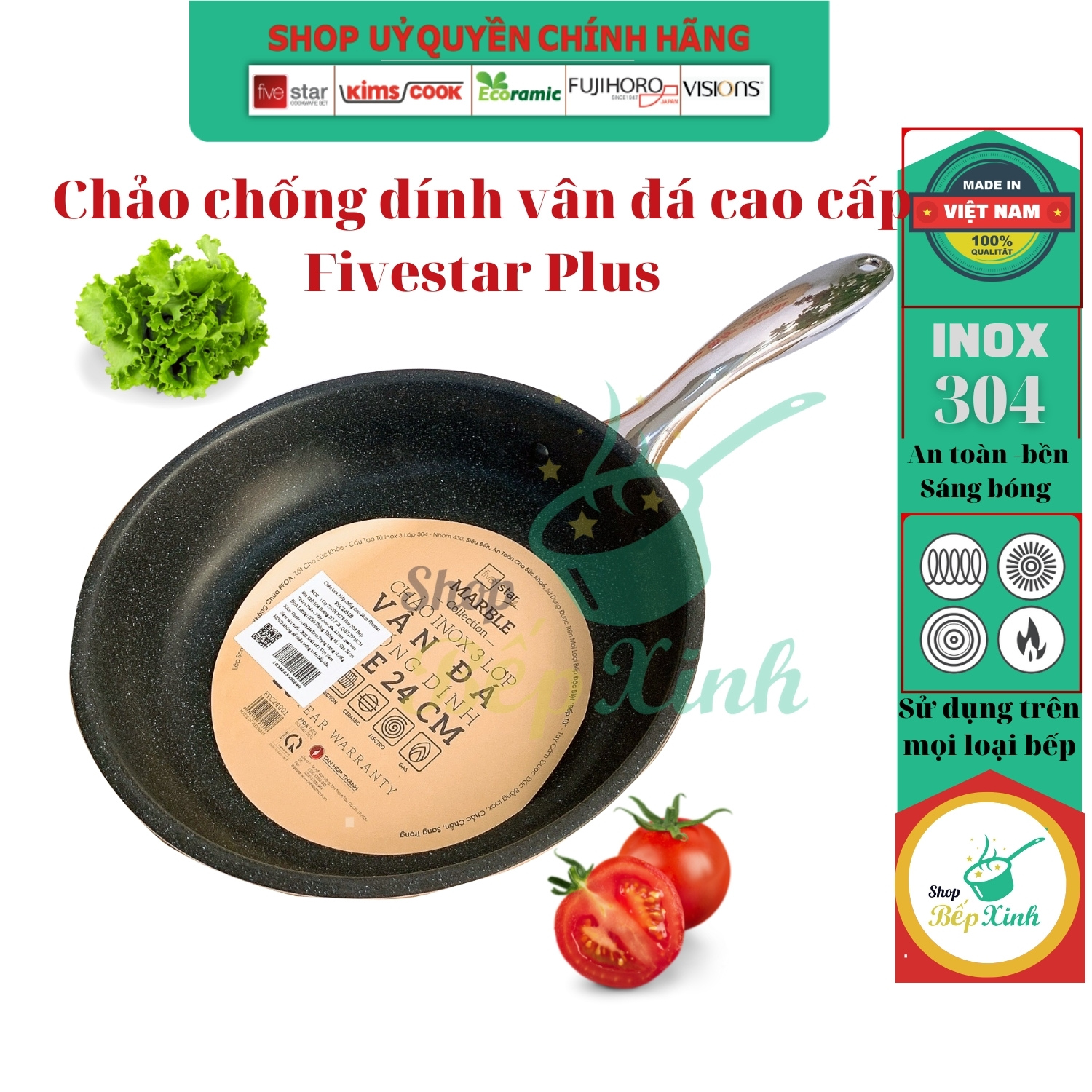 Chảo chống dính bếp từ vân đá 3 lớp đúc liền FiveStar Plus dùng được mọi bếp  22cm / 24cm / 26cm / 28cm / 30cm / 32cm , hàng chính hãng