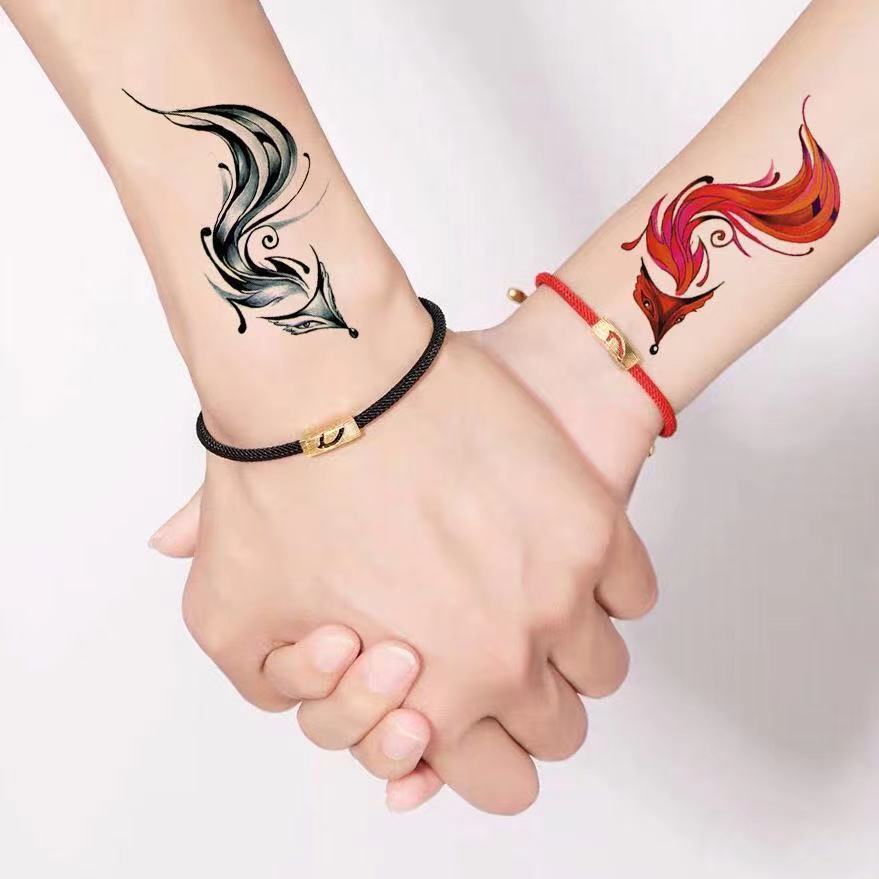 Couple tattoo stickers nine-tailed fox waterproof men and women cover scars net red same paragraph black and red fox stickers