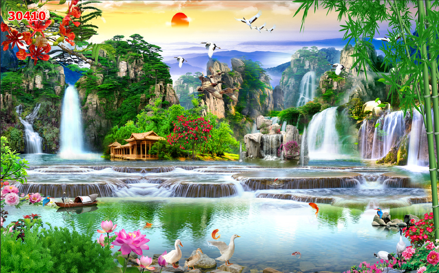 Tranh dán tường 3D Phòng Khách/Sơn Thủy Hưu Tình, 410(Đã tích hợp sẵn keo)