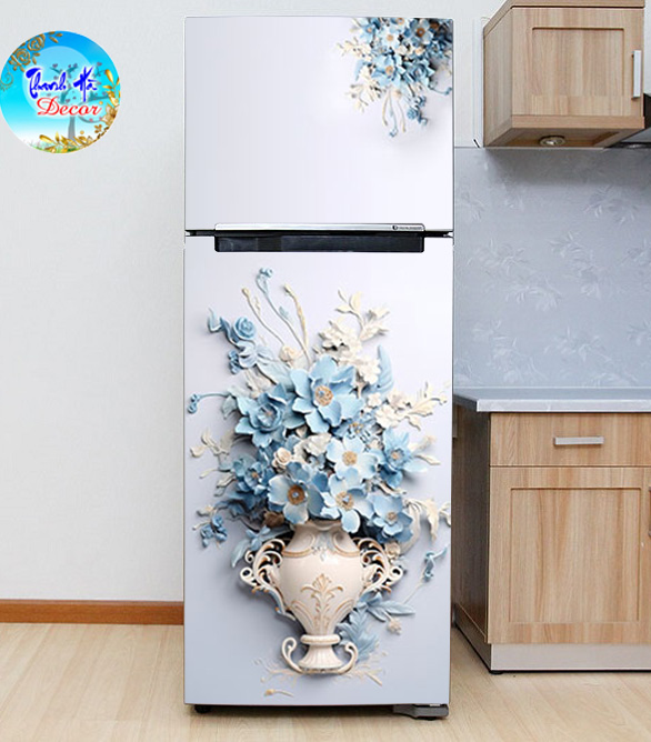 Decal dán Tủ Lạnh bình hoa xanh 3d chất liệu cao cấp
