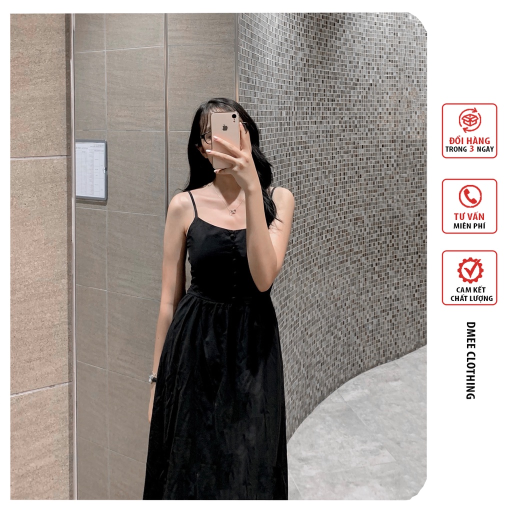 [Ảnh Thật] Váy Đầm Hai Dây Chất Đũi Mềm Basic Đen Trắng Cúc Ngực DMee
