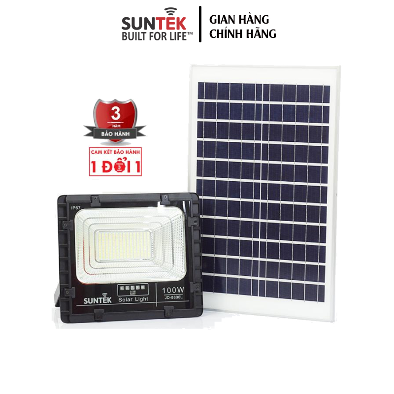 Đèn Pha Năng Lượng Mặt Trời SUNTEK LED Solar Light JD-8800 100W - Chiếu sáng 24 giờ  Tuổi thọ 7-8 năm  Chống Nước/Bụi/Sét  Tự động Bật/Tắt  Điều khiển Từ xa - Hàng Chính Hãng - Bảo hành 3 năm 1 đổi 1