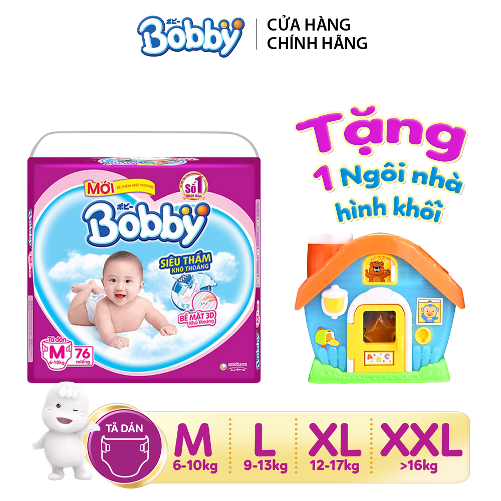 [Tặng 1 nhà thả hình thông minh] Tã dán Bobby siêu thấm - khô thoáng M76/L68/XL62/XXL56
