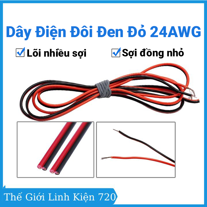 Dây điện đôi đỏ đen nhiều lõi 24AWG lõi nhiều sợi nhỏ, vỏ bọc cách điện tốt