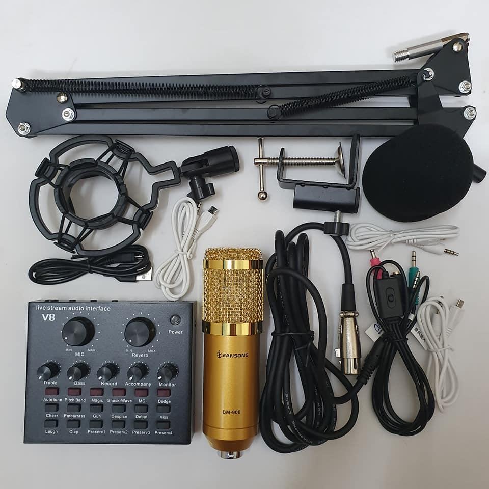 Combo míc hát livestream thu âm karaoke online micro zangsong BM-900 card v8 và dây live 3 màu chân kẹp màng lọc
