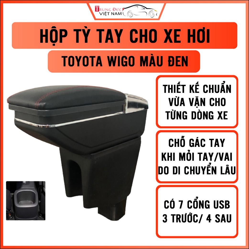 Hộp tỳ tay cho xe TOYOTA WIGO - 7 cổng usp, 2 ngăn đựng đồ tiện ích - quà tặng cây thông thơm treo xe