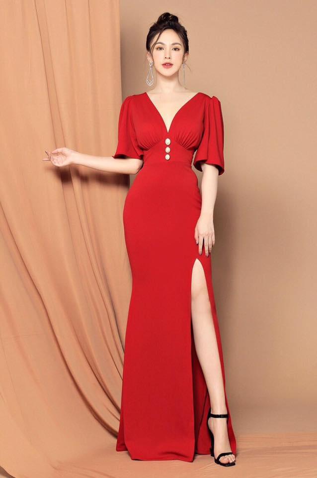 đầm dậ hội đính nút tay loe