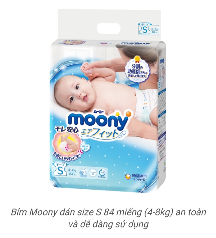 Bỉm dán cao cấp Moony size S 84 miếng (4 - 8 kg)