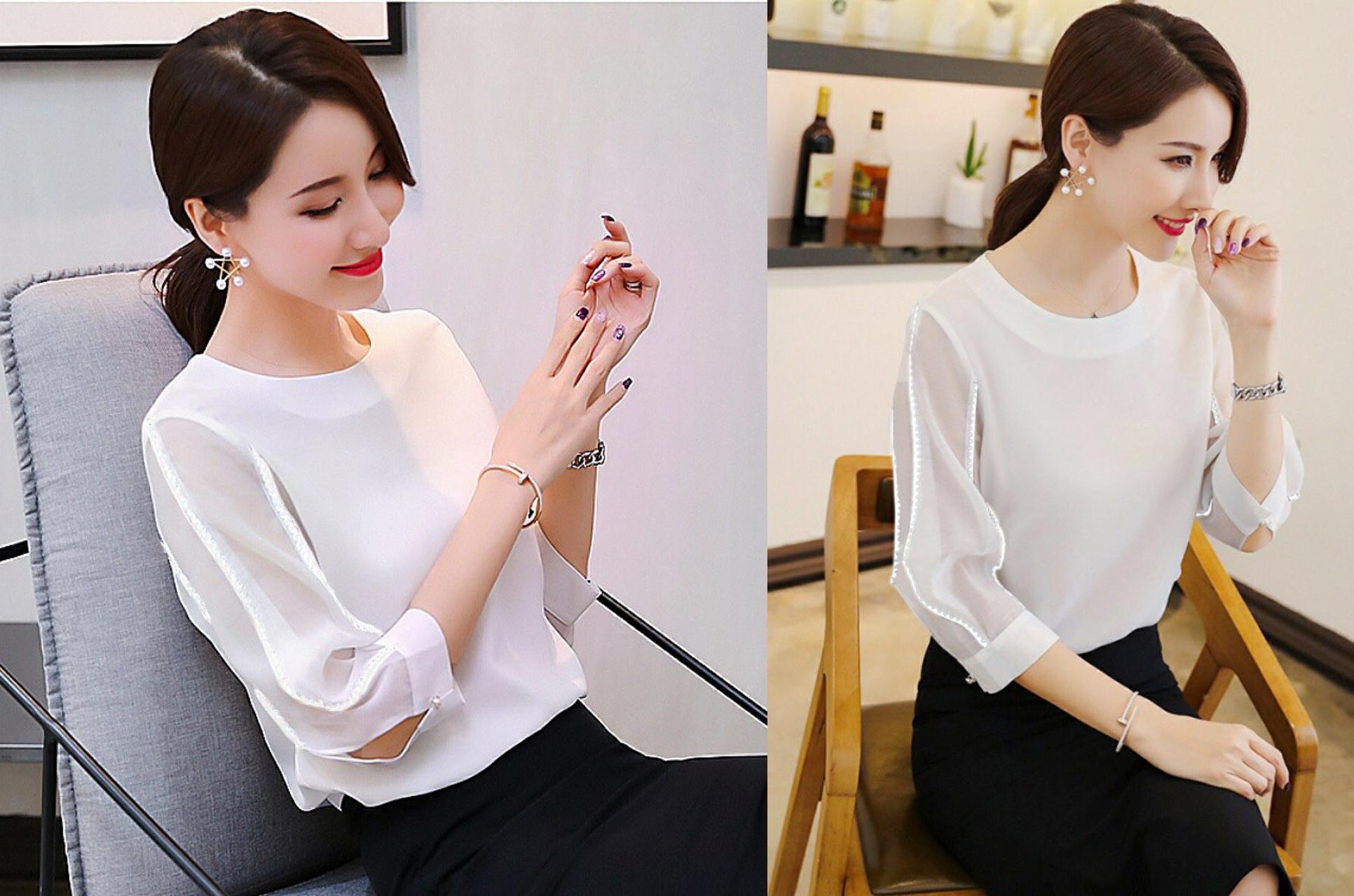 Áo Kiểu Cổ Tròn Viền Ren N-SM0KN8 (Trắng)
