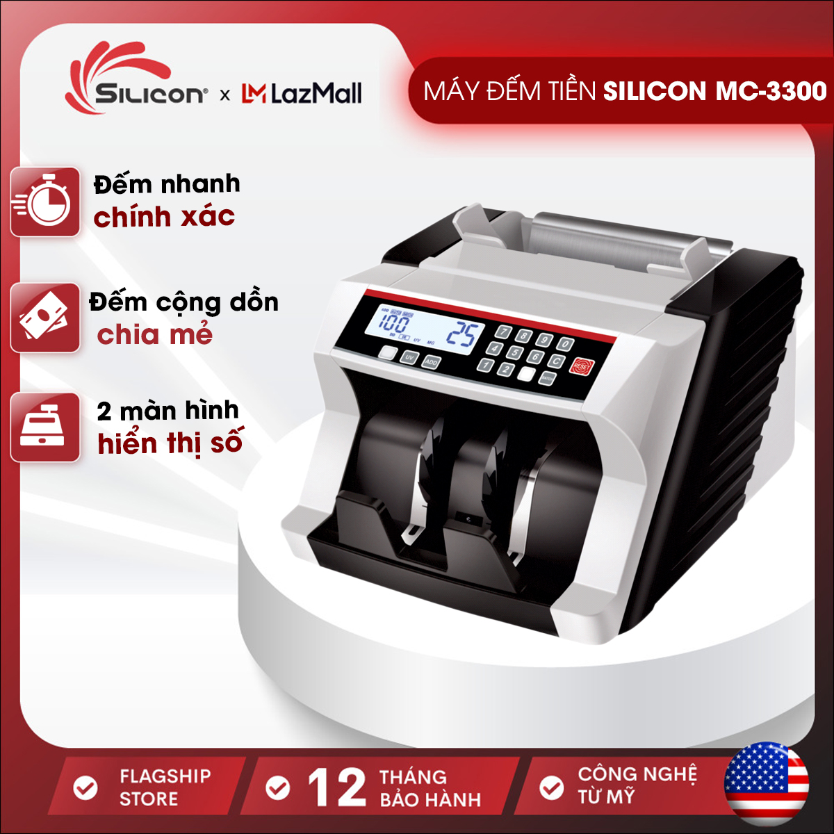 Máy đếm tiền tự động Silicon MC-3300 nhập khẩu, đếm1000 tờ/phút, đếm cộng dồn, chia mẻ- Bảo hành 12 tháng