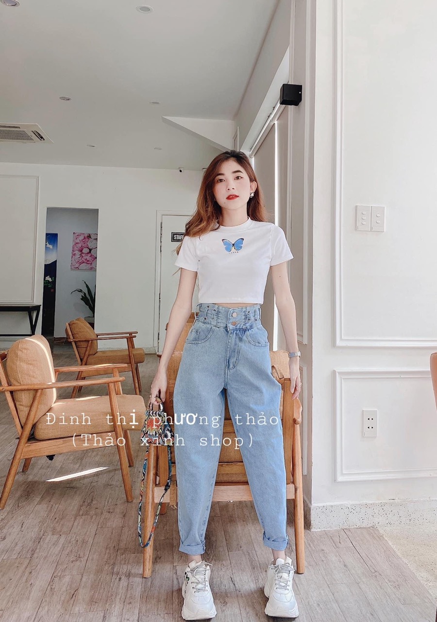 SET BAGGY JEAN 2 NÚT XỎ DÂY + CROPTOP BƯỚM