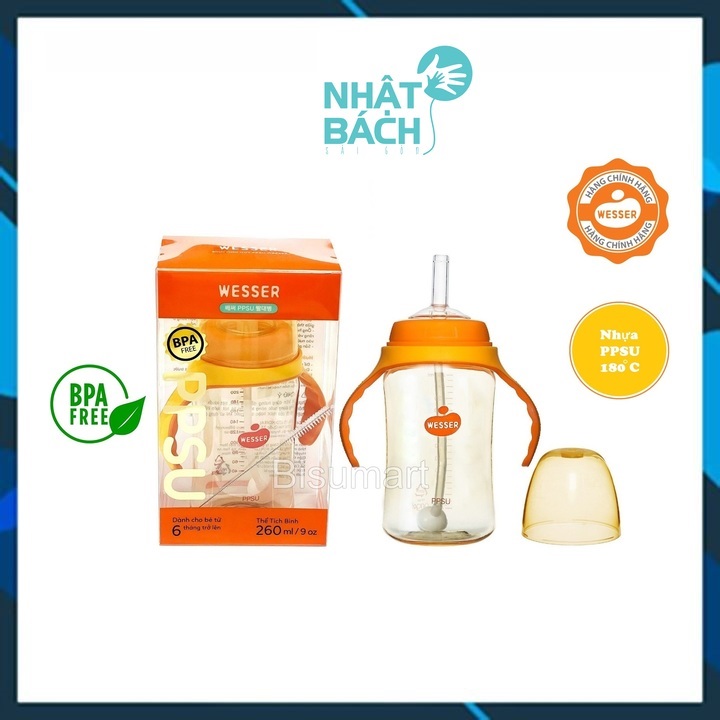 Bình uống nước ống hút cho bé Wesser có tay cầm PPSU 260ml