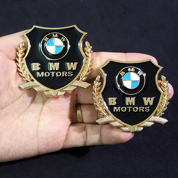 Bộ 2 miếng dán logo kim loại chữ BMW bông lúa
