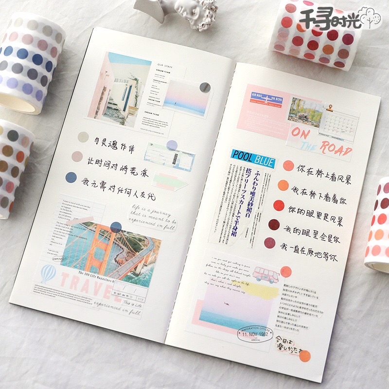 Cuộn Washi Tape Chấm Tròn Trang Trí Sổ, Nhật Ký