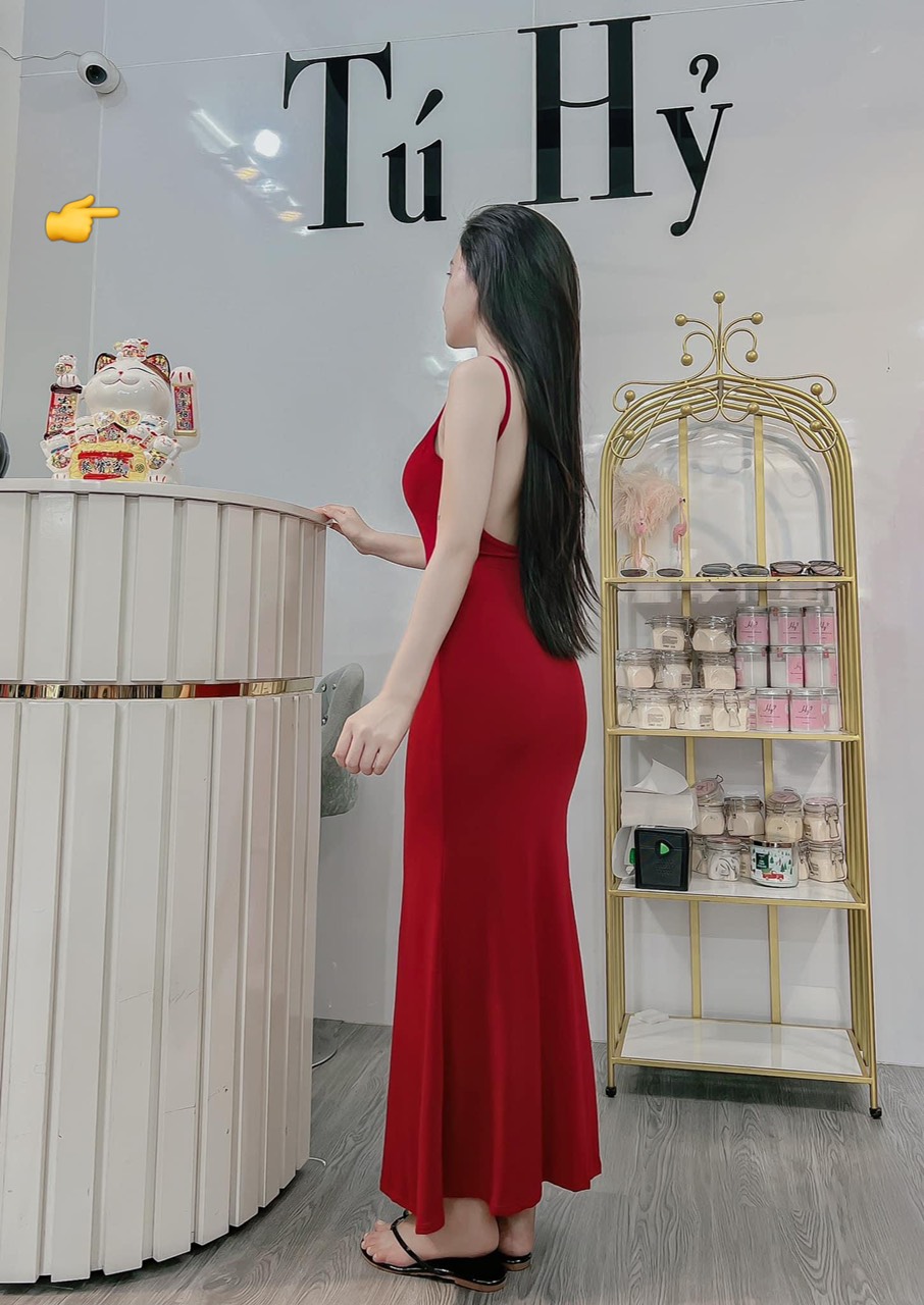 Đầm 2 dây thun lụa hở lưng dáng dài xòe cực xinh