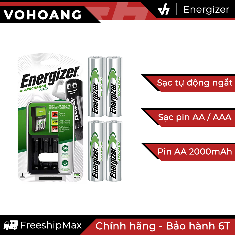 Bộ sạc pin AA/AAA Energizer recharge kèm 4 pin sạc AA, có đèn báo