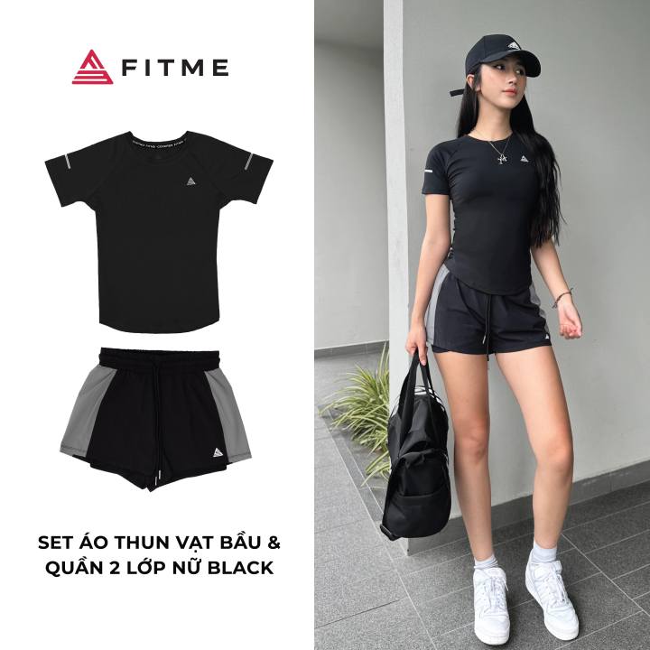 Bộ thể thao nữ tập gym yoga Fitme áo vạt bầu, quần 2 lớp Đen