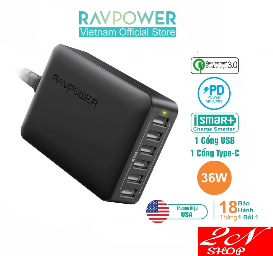 Sạc tường Ravpower RP-PC028 60W 12A 6 cổng USB