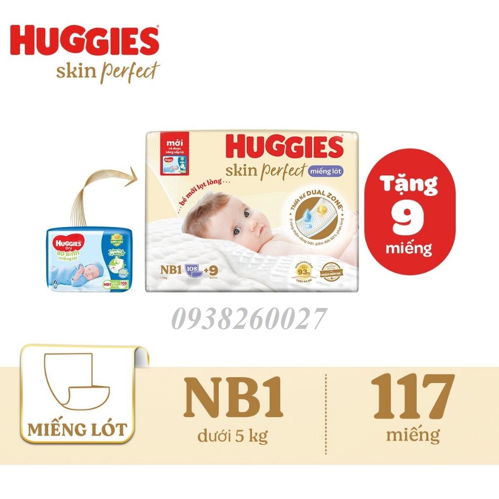 Miếng lót sơ sinh Huggies NB1 108+9 và NB2 60 miếng (Có thể dùng thay BVS)