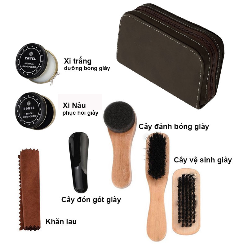 Túi da - Combo 7 món xi đánh giày mini giúp chăm sóc, phục hồi, làm mới, bảo quản giày da