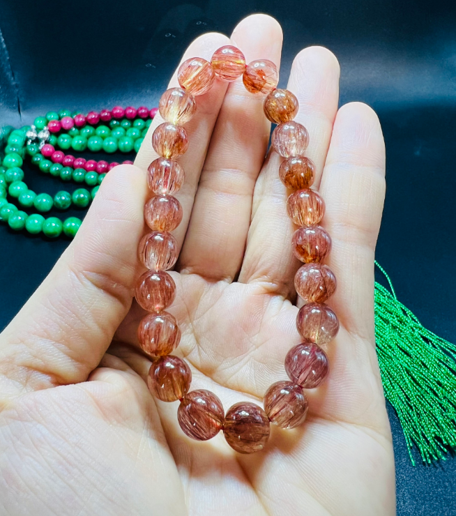 🍁( BẢN VIP ) Chuỗi vòng Tay đá thạch anh tóc đỏ tự nhiên ,chuỗi may mắn bình an,có tư vấn kỷ.
