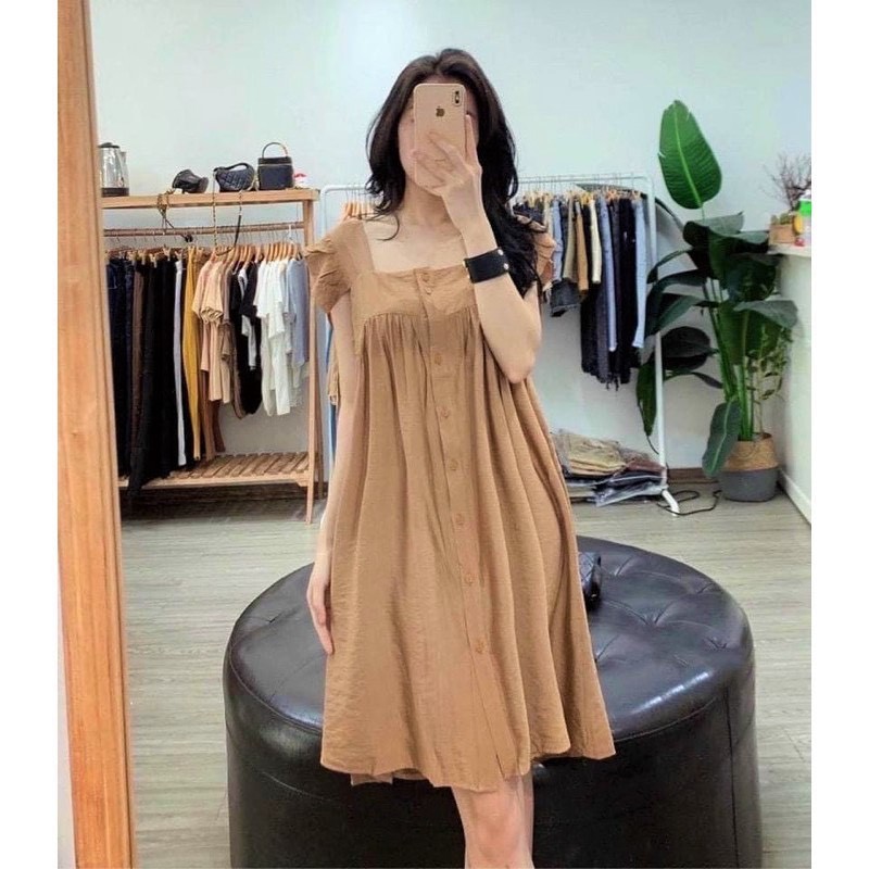 Váy 2 dây - đầm suông nữ 2 dây viền bèo cúc dọc Shynstores vải đũi cao cấp