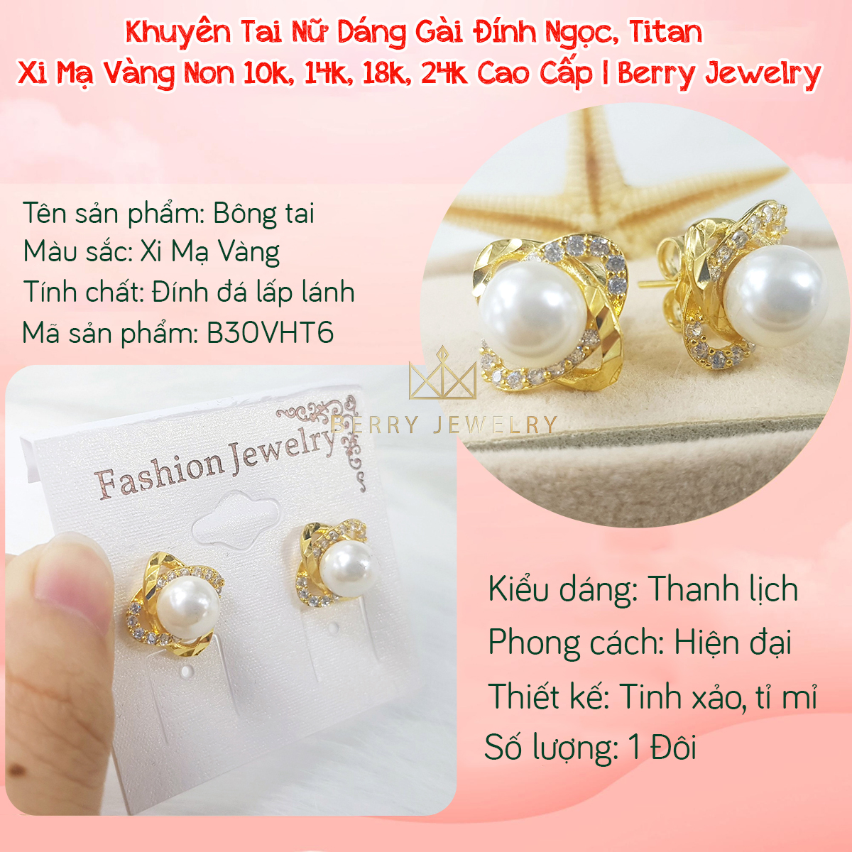 Khuyên Tai Nữ Titan Xi Mạ Vàng Dáng Nụ Đính Trái Châu Trắng Thiết Kế Cá Tính Trẻ Trung Hợp Thời Trang, Bông Tai Nữ Mạ Vàng B30V6 | Berry Jewelry