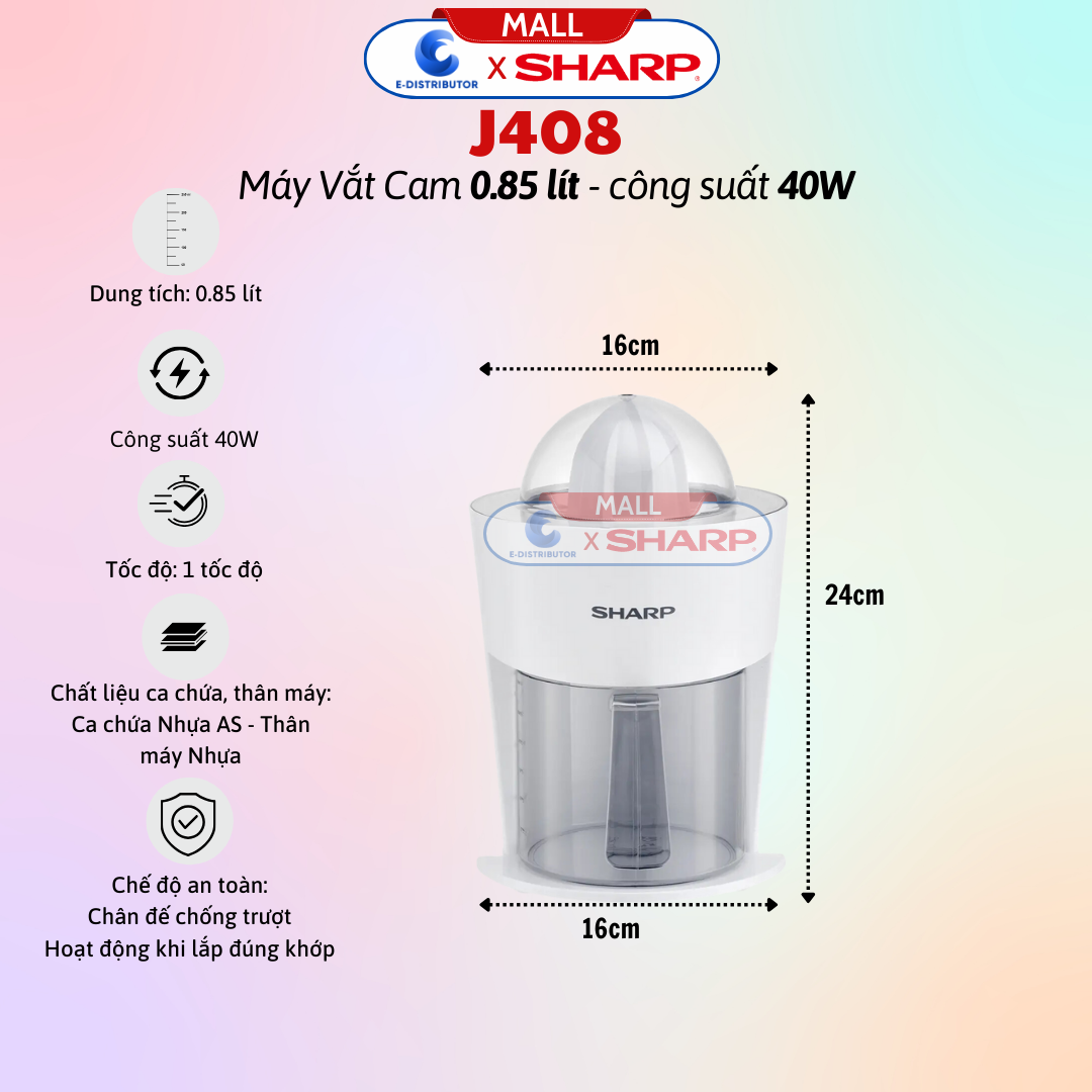 Máy Vắt Cam Sharp EJ-J408-WH - Công Suất 40W - Dung Tích 850ml, 2 Đầu Vắt Lớn Nhỏ, Lưới Lọc 2 Lớp, Tự Động Đảo Chiều Vắt - Hàng Chính Hãng - Bảo Hành 12 Tháng - Nhanh Chóng Tiện Lợi