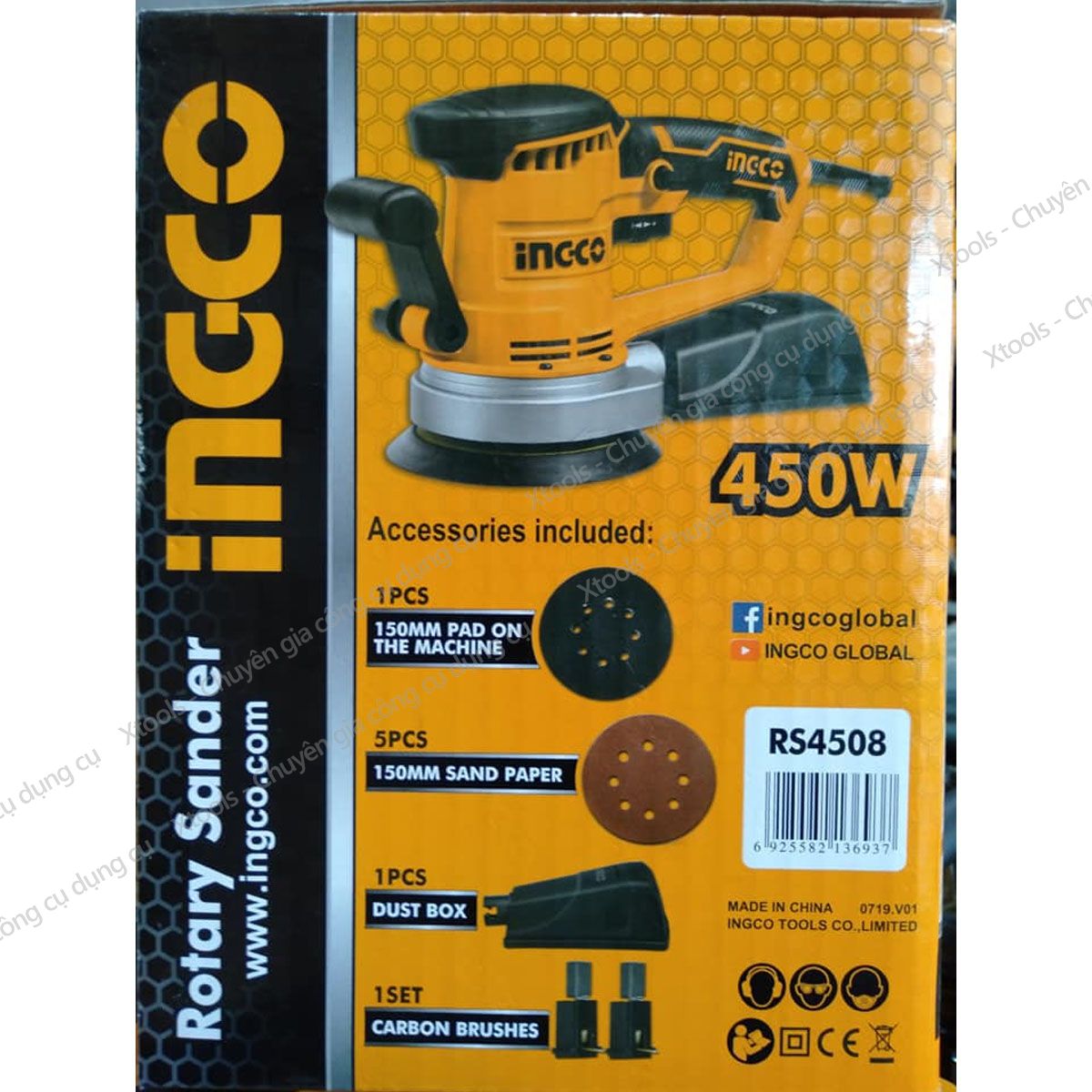 Máy chà nhám tròn INGCO RS4508 450W máy chà cầm tay chất liệu cao cấp, bền bỉ, tốc độ thay đổi, kèm theo miếng chà nhám