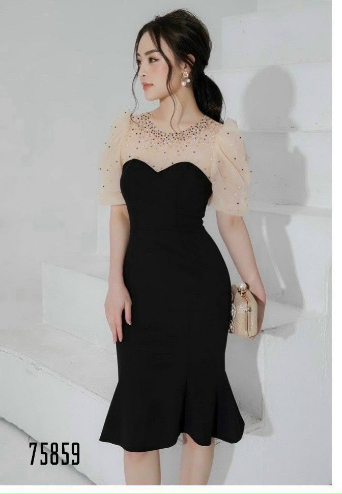 [HCM]ĐẦM BODY ĐUÔI CÁ TAY BỒNG PHỐI NGỌC TRAI DỰ TIỆC SANG CHẢNH CỰC TÔN DÁNG GLADY