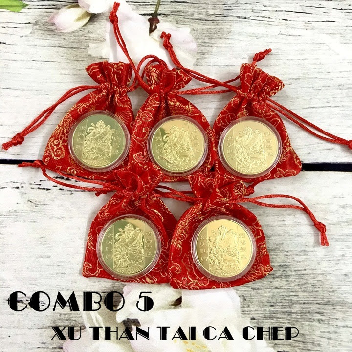 [HCM]Combo 5 Xu Thần Tài Mạ Vàng Cá Chép Tặng Túi Gấm dùng để trang trí nhà cửa bàn sách bỏ vào túi mang theo bên người xỏ lỗ đeo dây - TMT colletion - SP005130