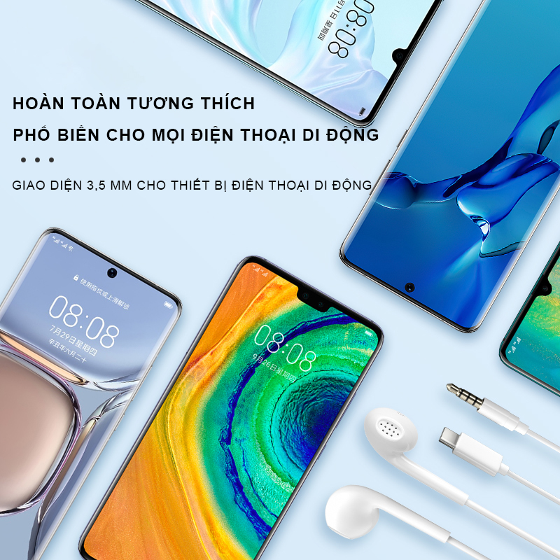 Tai nghe nhét tai có dây tích hợp chất lượng cao dành cho điện thoại -Tai nghe chân tròn cho Samsung, Oppo, Huawei Jack hỗ trợ mic nghe gọi