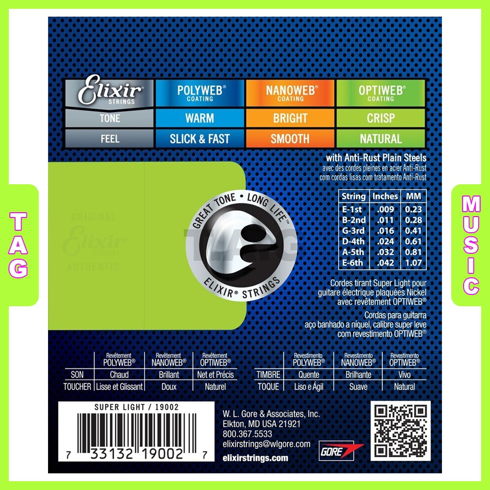 Electric Guitar Strings, Dây đàn Guitar Điện Elixir 19002 Optiweb, Super Light 09-42 Chính hãng Made in USA (Mỹ)