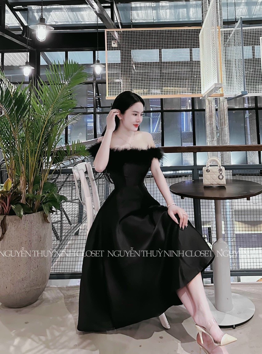 Đầm đi tiệc tapta phối lông sang chảnh váy maxi xòe cup ngực ôm eo tôn dáng đầm dạ hội basic hai màu đen trắng