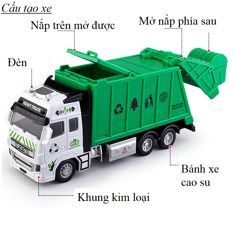 Xe ô tô chở rác mini đồ chơi trẻ em mô hình tỉ lệ 1:48 /1:38 bằng hợp kim và nhựa