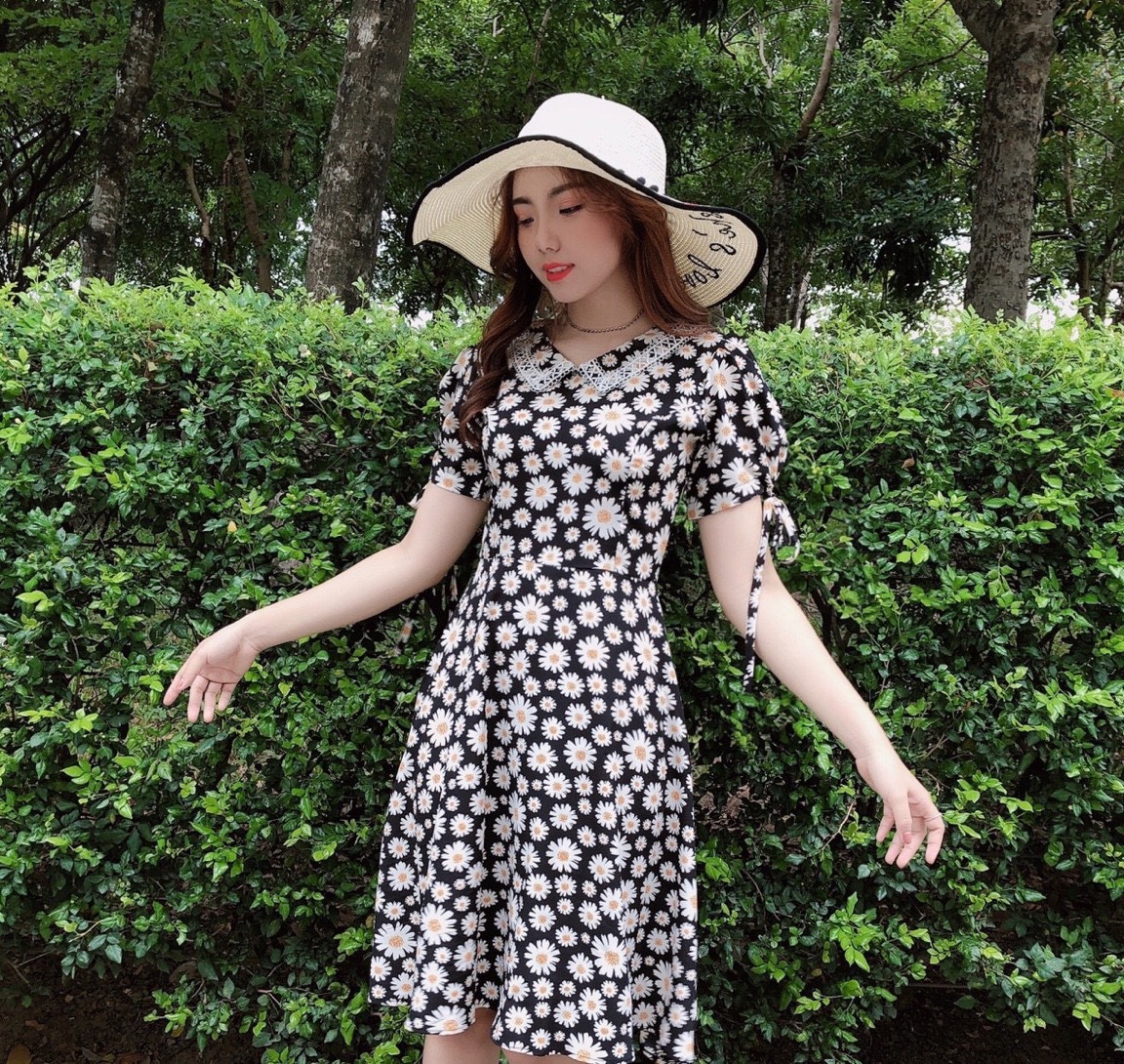 Đầm Họa Tiết Cổ Phối Ren Nữ Tính DH046