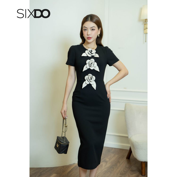 Đầm ôm phối hoa SIXDO ( Round Neck Midi Woven Dress)