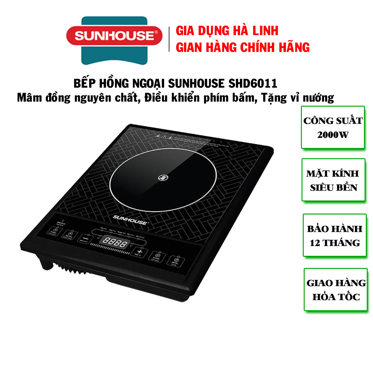 Bếp hồng ngoại cơ Sunhouse SHD6011, Bếp không kén nồi, Mặt kính chịu nhiệt siêu bền, Công suất 2000W nấu nhanh, Tặng kèm vỉ nướng, Bảo hành 12 tháng