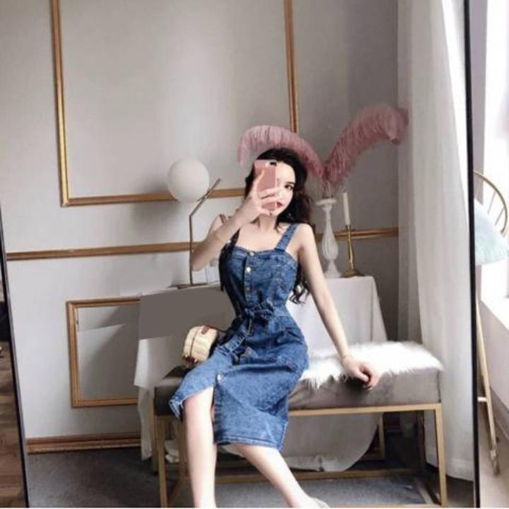 Đầm Yếm Jean Nữ Thắt Dây Eo Thời Trang