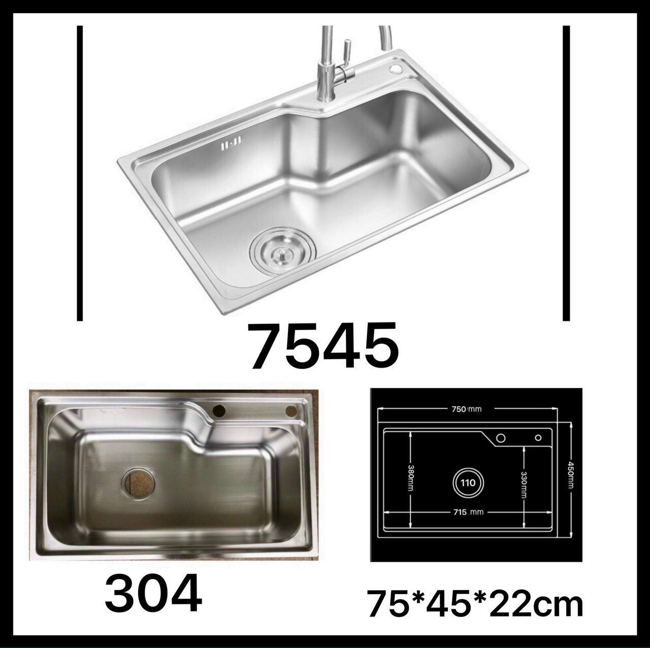 Chậu rửa chén bát inox sus 304 7545, chậu chén 1 học lệch 7545 kèm xã chậu