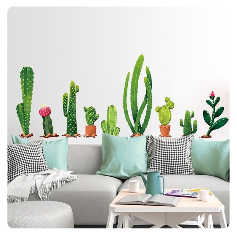 Decal dán tường hàng cây xương rồng trang trí phòng khách