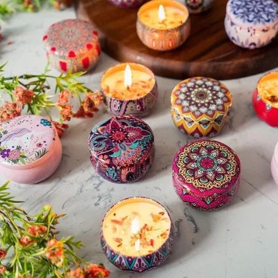 6.6cm Scented Candles with Flowers Tin Can Fragrance Handmade Scented Candle Natural Soy Wax Home Decoration